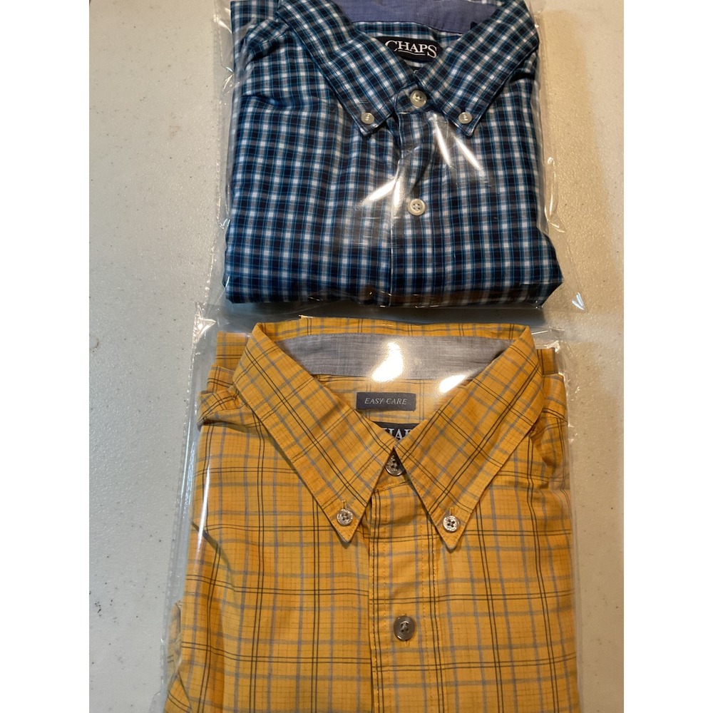 2 Chaps Ralph Lauren Mens Large Yellow Plaid Easy Care Button Down Shirt L/G‎